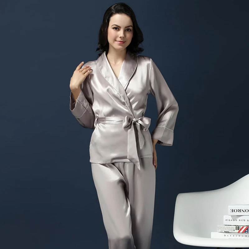 Женский пижамный комплект однотонная пижама из 100% чистого шелка с поясом и