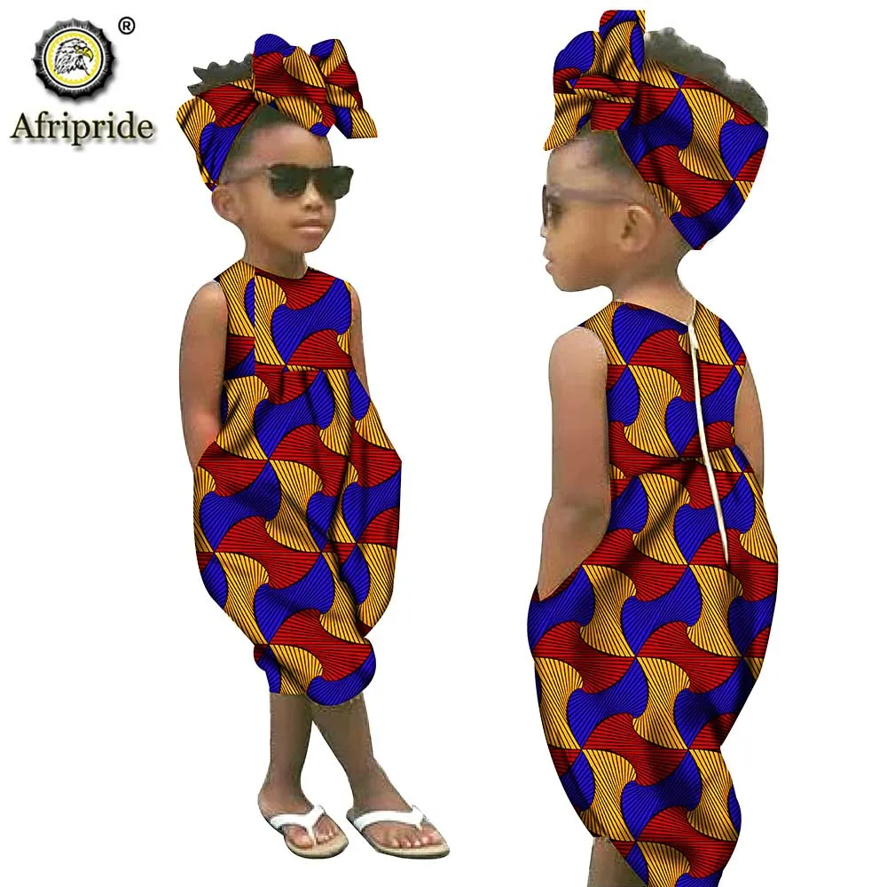 

African Clothing for Children Kids Jumpsuit and Headwarp Ankara Wax Print Princess Mini Cute Dress Lovely AFRIPRIDE S19400210