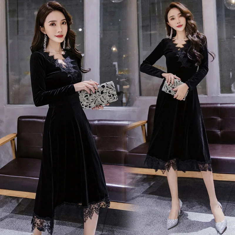 

2018 Autumn And Winter New Style Debutante Elegant Mid-length Hollow out Slim Fit Slimming Lace Dress Base Black Dress