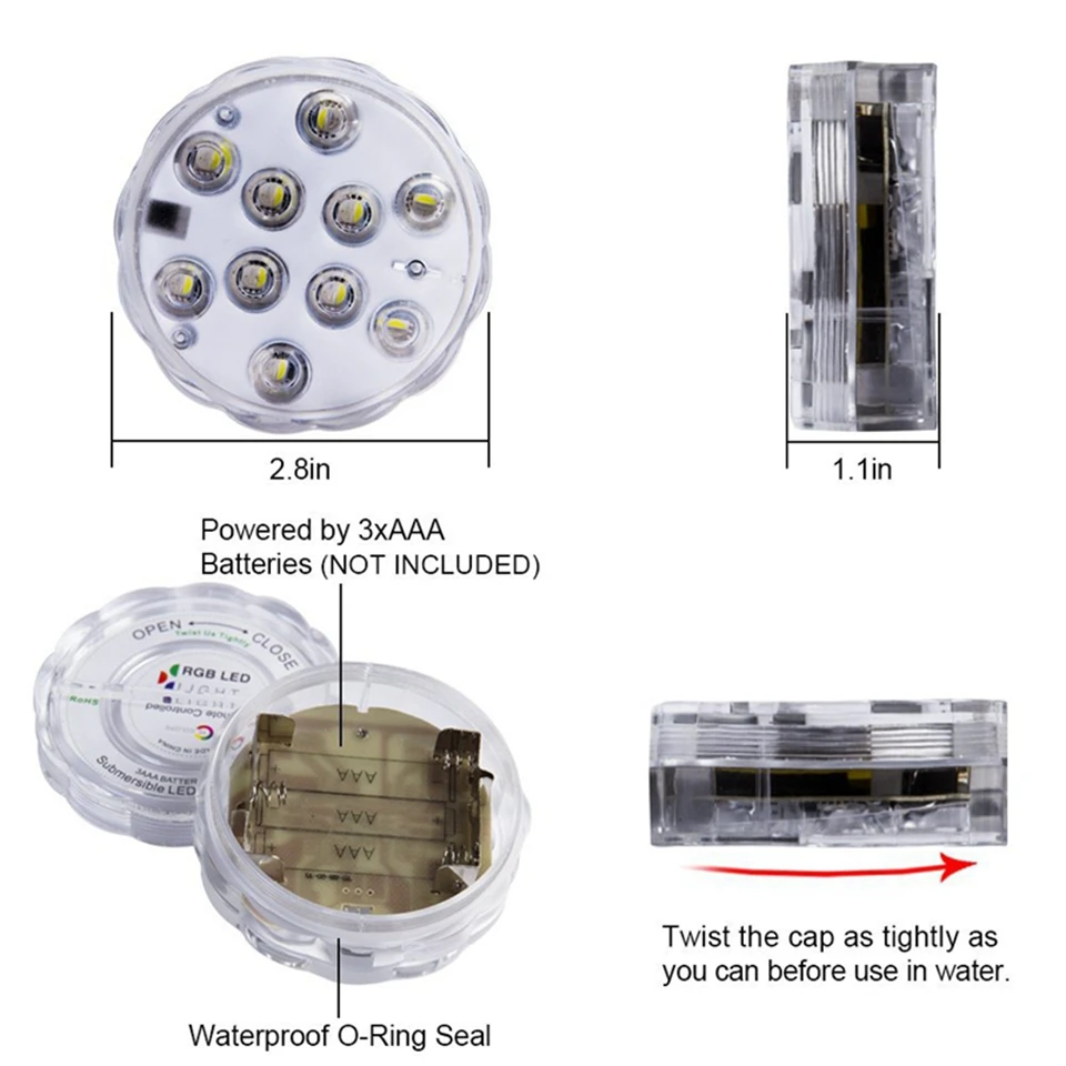 Submersible LED Lights, Underwater Waterproof Battery Operated Remote Control Wireless Multi Color 10 LED RGB Tub Swimming Pool