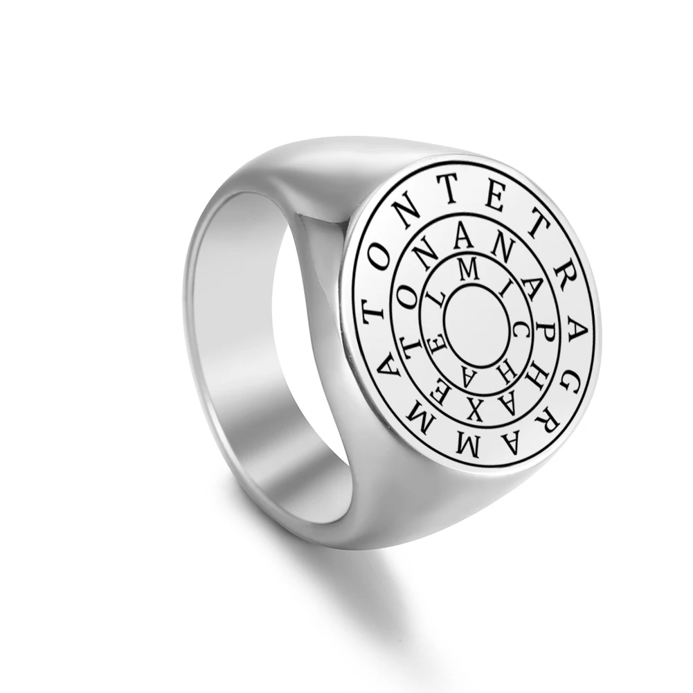 HIJONES Men's Stainless Steel Taoist Mantra Ring - Engraved Xin Jing Seal Character Lucky Amulet Band