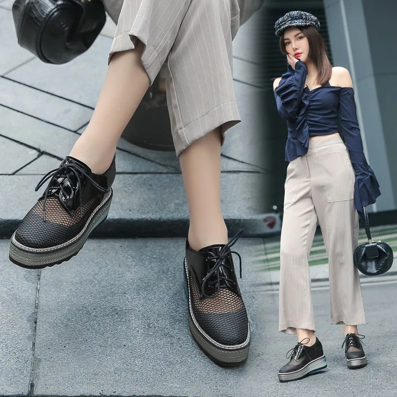 

2019 Spring And Summer New Style Mesh Breathable Platform Shoes Patent Leather Lace-up Square Head Shoes Thick Bottomed Extra Hi
