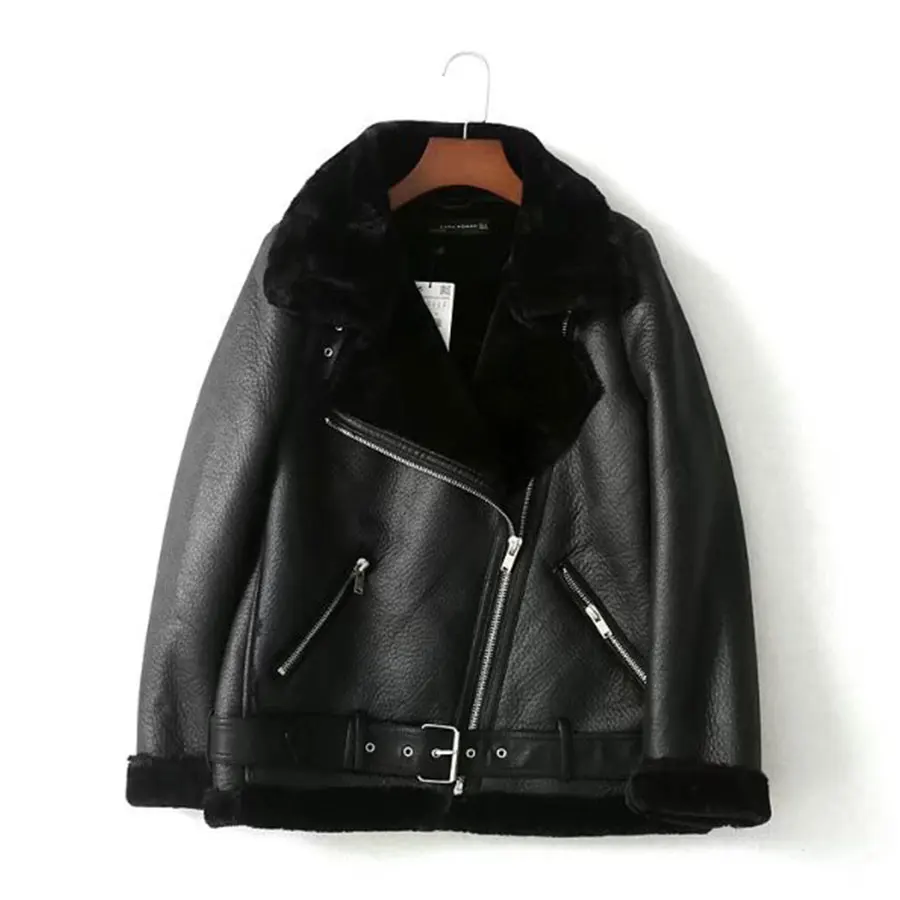

Faux Fur Winter Coat Women Turn-down Collar PU Leather Fluffy Inside Jacket Female Sash Tie In Front Zipper-Pocket Coats Womens