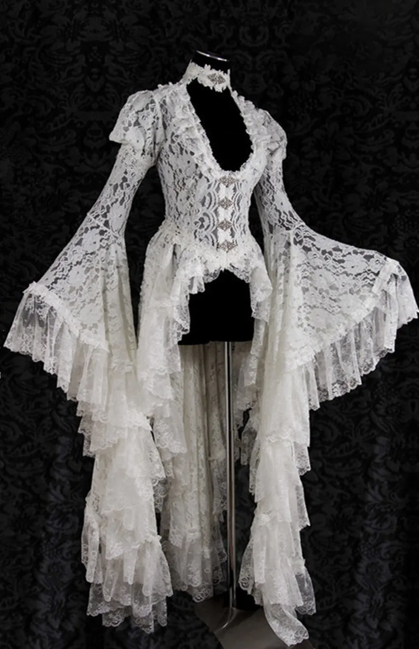 

Retro Lace Wedding Cardigan Kimono Dress Victorian Bride High Low Costume Women Formal Evening Cover Up Elegant Long Tail Gown