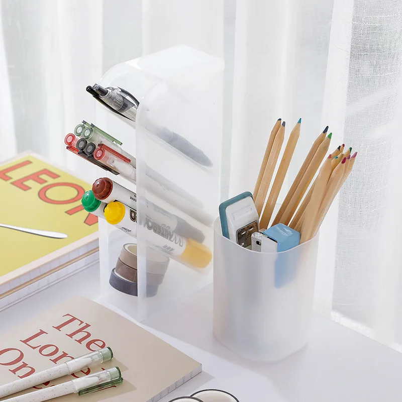 Multi-function 4 Grid Desktop Pen Holder Office School Storage Case Clear White Black Plastic Box Desk Pen Pencil Organizer