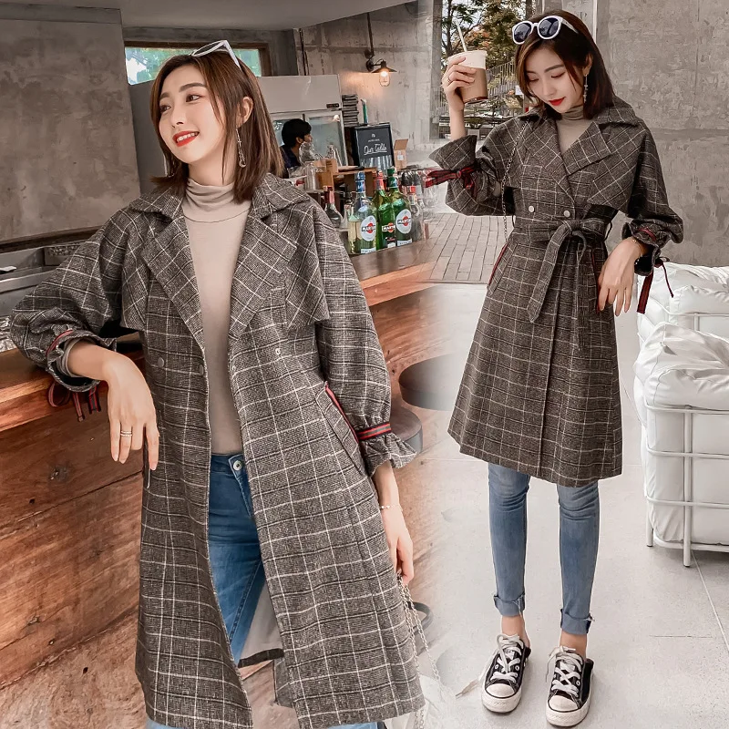 

Photo Shoot Korean-style Popular Plaid waitmore Trench Coat Women's Mid-length Short-height 2019 Spring And Autumn New Network R