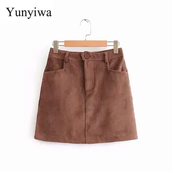 

2020 Women Vintage Solid Corduroy Casual Slim Mini Skirt Faldas Mujer Ladies Zipper Fly Hip Package Chic Brand Skirts