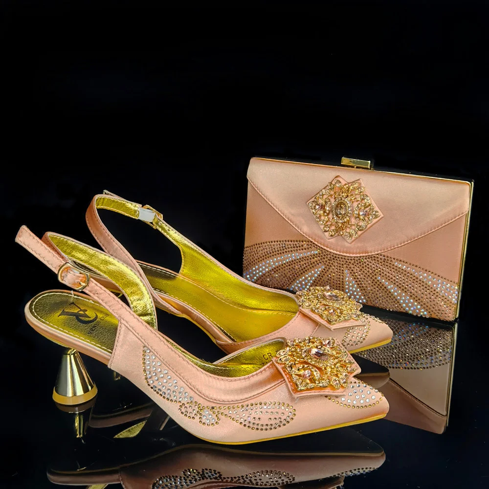 Latest Peach Color Shoe and Bag Set 2022 Lady Shoes African Wedding Sandals Italian with Matching Bags |