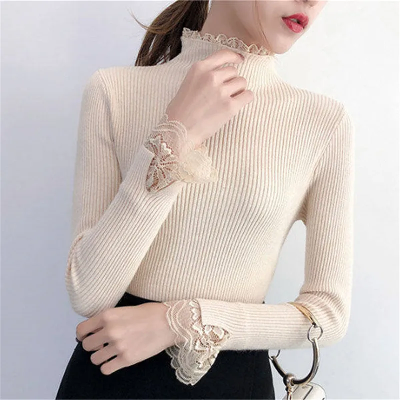 

2019 Autumn Winter Female Long Sleeve Turtleneck Sweater Women Tight Slim Streetwear Solid Knit Sweaters Lace Pullover Tops A14