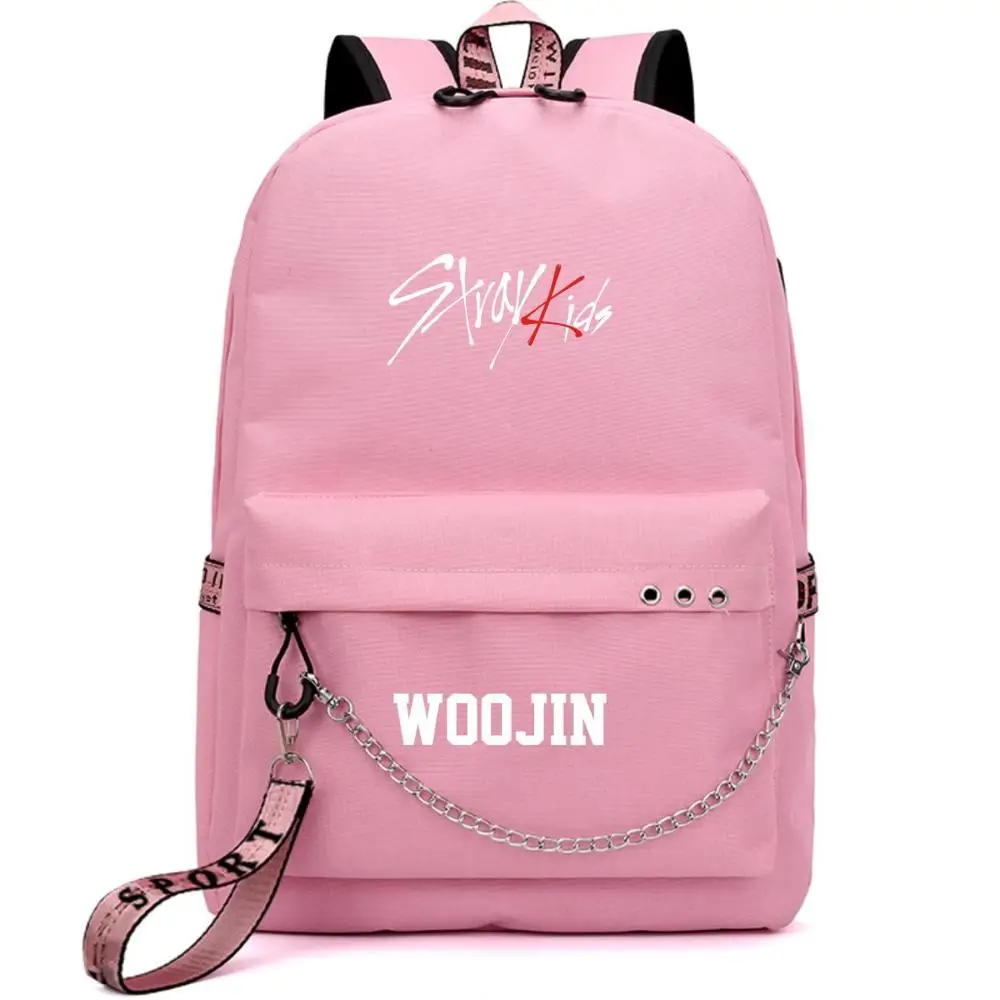 Kopo Stray Kids Felix USB Backpack School Book Black Pink Bag Mochila Travel Bags Laptop Chain Backpack W Headphone USB Port