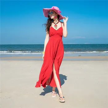 

Summer open fork all chiffon dress backless condole seaside holiday beach skirt Bohemian dress