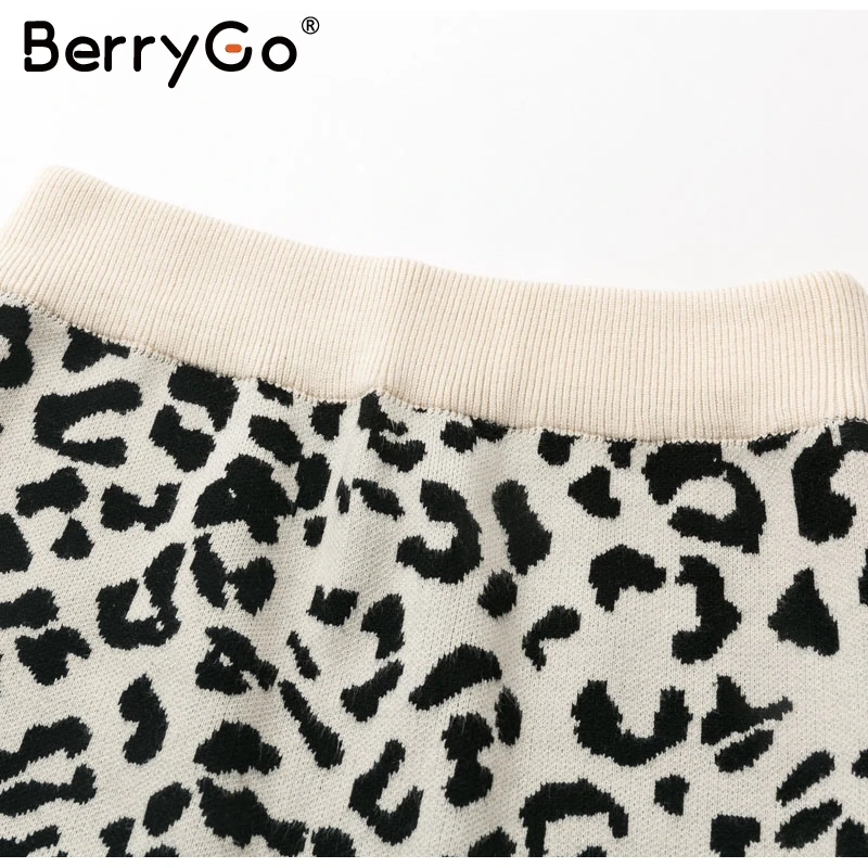 BerryGo, сексуальная трикотажная юбка с леопардовым принтом, Женская Осенняя, эластичная, высокая талия, миди, свитер, юбка, элегантная, с разрезом по бокам, Женская юбка для вечеринки