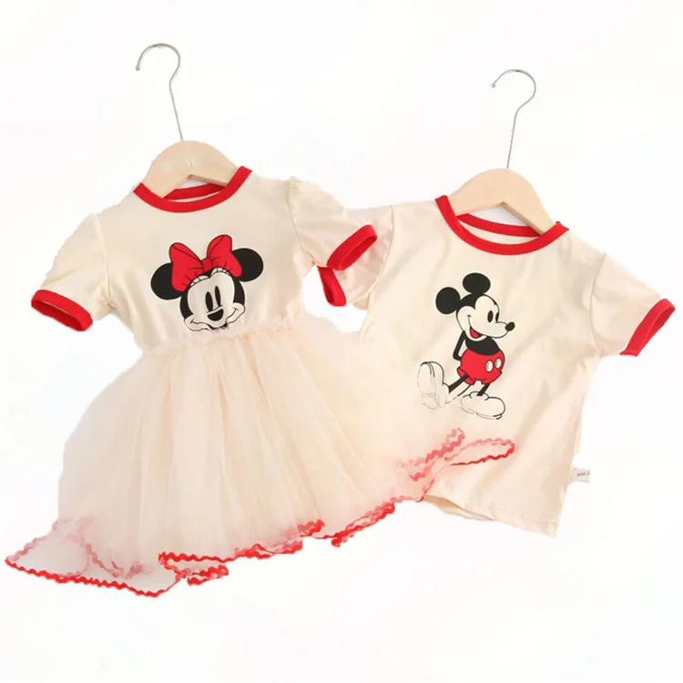 Baby Cartoon Clothes Twins Sets Kids Baby Girls Boys New Outfits Clothes Short Sleeve T-shirt Tops Tutu Party Dress 1-7 Years