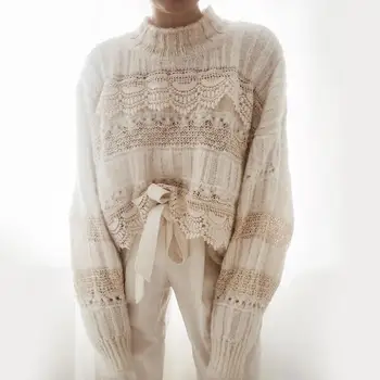 

2020 ZA Women New Lace Stitching Sweater Knitted Pullover Spring Hollow Loose Fashion Half High Collar Sweet Lazy Gentle Elegant