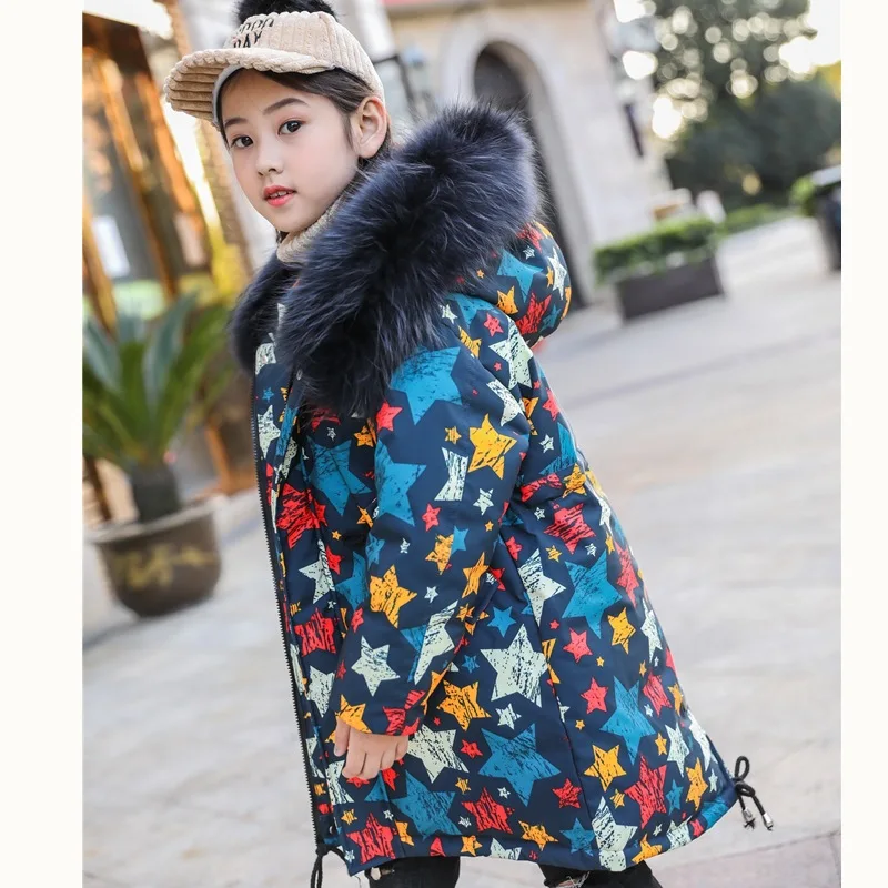 Зима детская Пуховое пальто для девочки модный принт теплая верхняя одежда до-30 русская зимняя куртка, длинная куртка-пуховик для девочек, длинный пуховик для девочек для детей; большие размеры 10, 11, 12 - Цвет: Синий