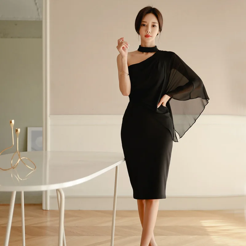 Gothic Chic Elegant Black Ladies Dresses Sexy Club Halter Neck One Shoulder Sleeve Female Chiffon Dress платья для женщин |