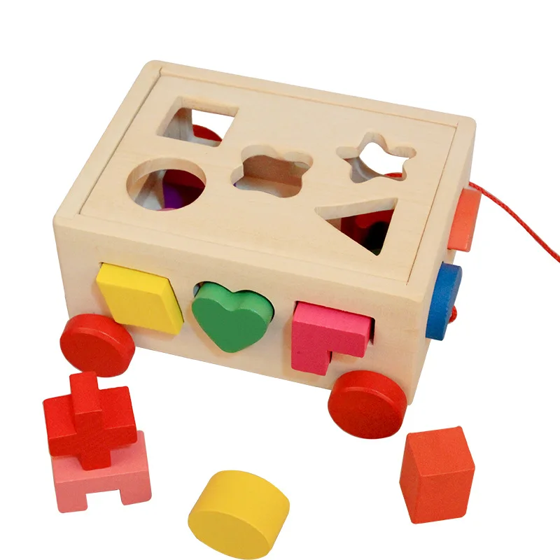 

15 Hole Multi-functional Wooden Tractors Intelligence Box Shape Matching Trailer Children'S Educational Wood Early Education Toy