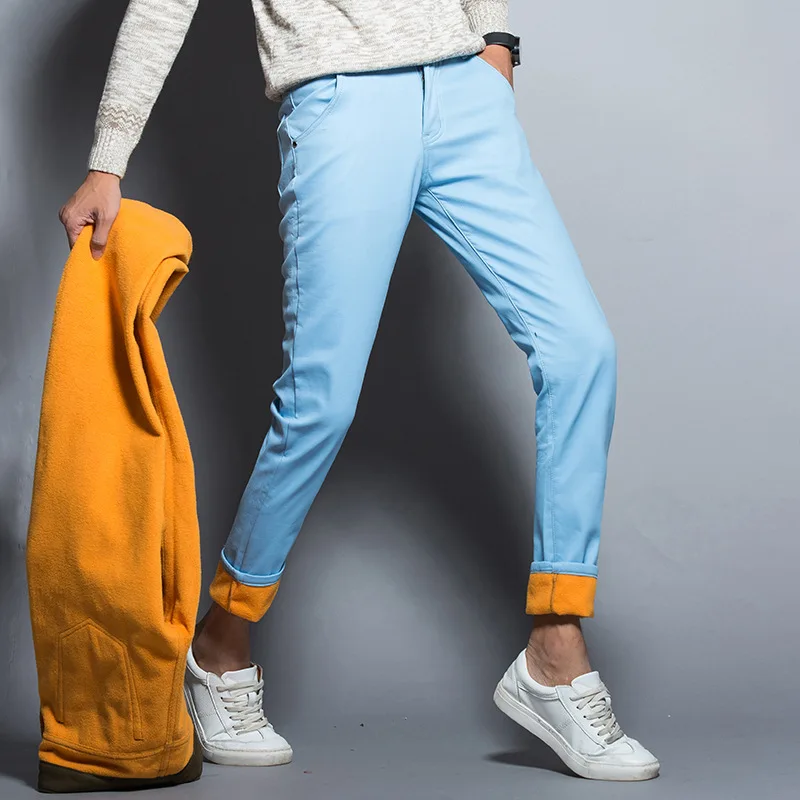 sky blue CHOLYL зимние мужские теплые джинсы новые классические стильные деловые повседневные утолщенные эластичные джинсовые брюки мужские Брендовые брюки синий черный - Цвет: sky blue