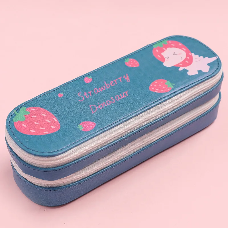 Dinosaur - Navy Korean big Pencil Case Simple Large Capacity Cartoon Pen Box Double Cat Dog Pencil box for school girl pink cute stationery bag - Цвет: Dinosaur - Navy