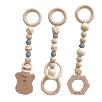 

3PCS/Set Baby Play Gym Silicone Beads Wood Teether Toddler Hanger Rattle Wood Ring Teething Toys Newborn Baby Pram Toy