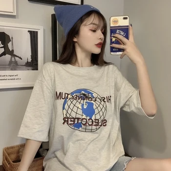 

Casual Loose Basic Hot Sale Letter Printed Vintage O-neck College Wind Preppy Style Female Women Top T-shirts