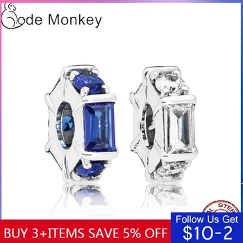 

CodeMonkey Blue & White Clear Zircon Spaced Beads Fit Original Bracelet 100% Real 925 Sterling Silver For Women Jewelry CMS024