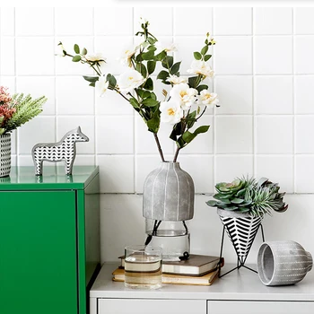 

Cone Shape Cement Vase With Black Metal Bracket Home Hydroponic Plant Glass Bottle Living Room Decoration Dried Flower Decor