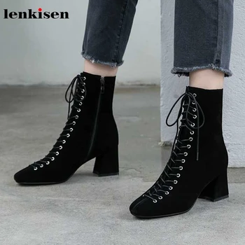 

Lenkisen hot fashion streetwear genuine leather square toe high heels black lace up rivets winter warm women ankle boots L67
