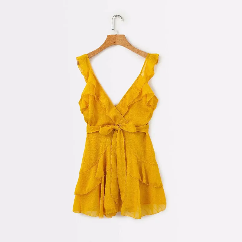 

Summer Sexy V Neck Boho Dress Women 2019 Ruffle Bow Yellow Solid Mini Dresses Vestidos Sundress Bohemian Women Beach Dress