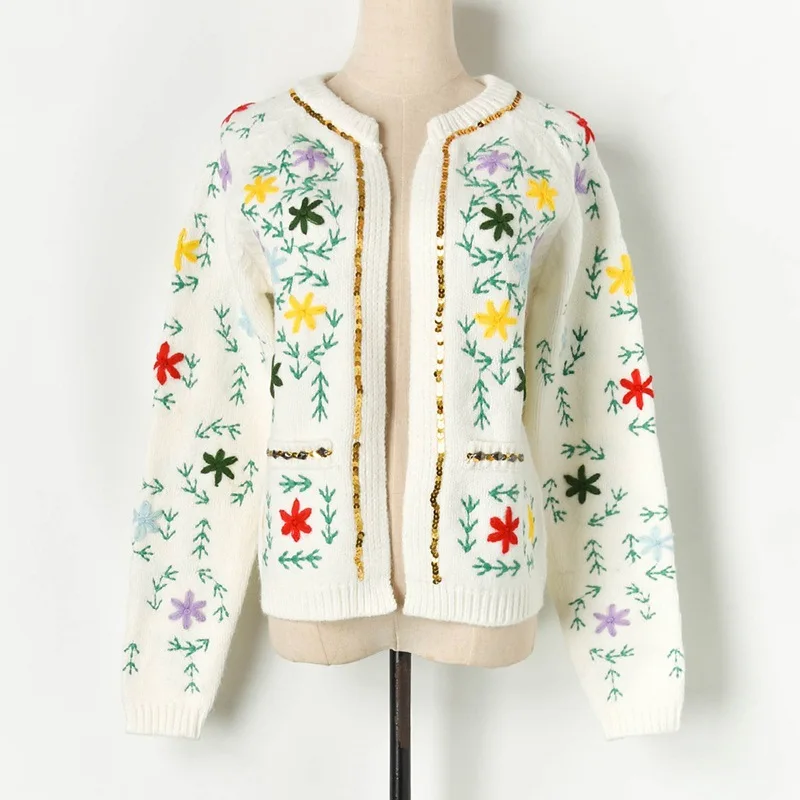 

European Designer Women's Luxury Embroidery Cardigans Sequins Patchwork Outerwear Knitted Coats Sweaters Prairie Chic Jumpers
