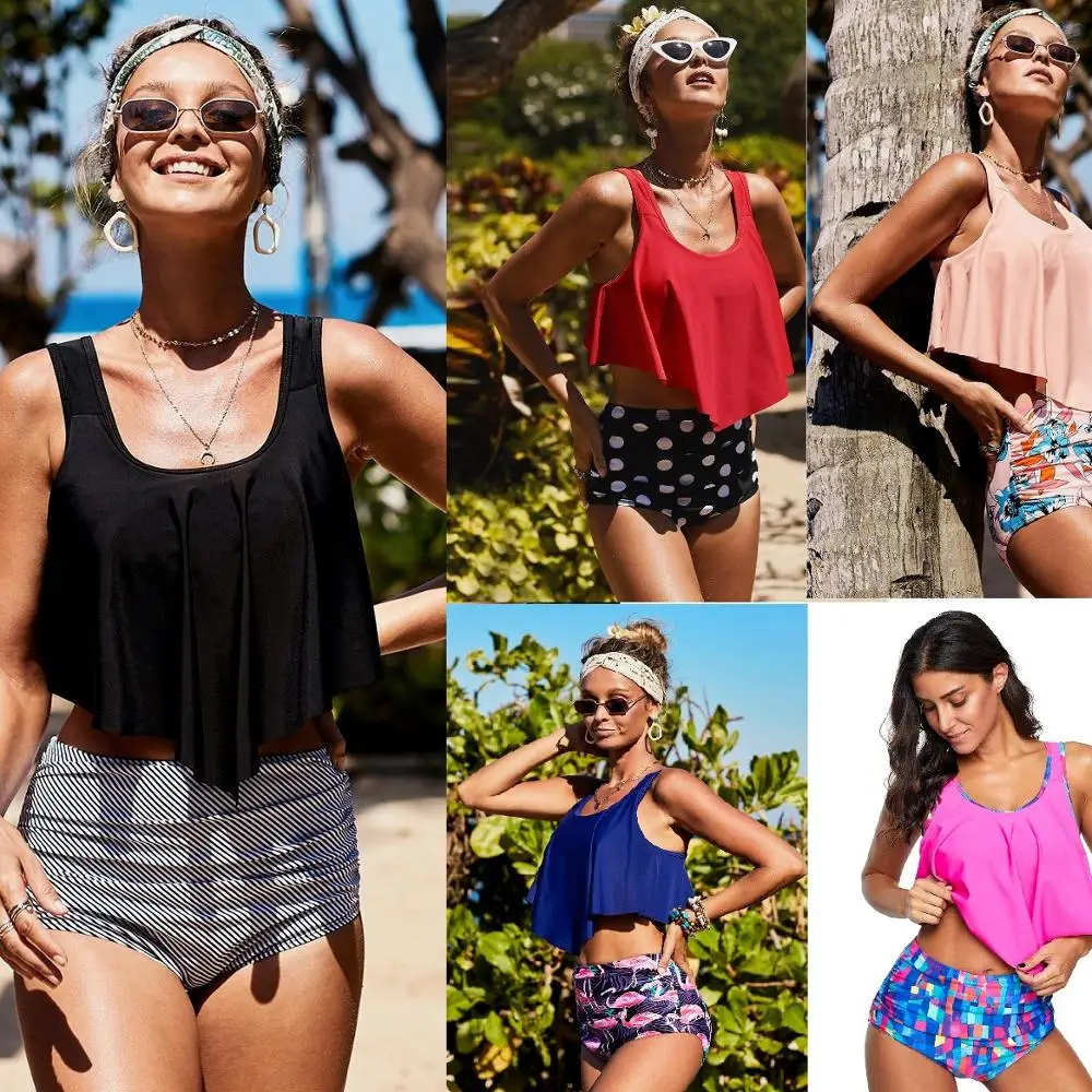 

Two Pieces Bikini Set 2019 Swimsuits Women Print Crop Ruffled Overlay High Waist Tankini Bathing Suits Biquini LC411336
