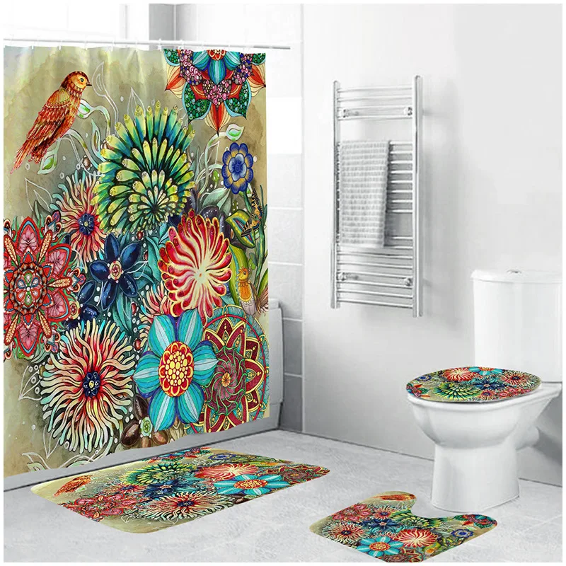 

Home Bohemia boho decor flower Digital printed Waterproof Shower Curtain set polyester fabric for bath bathroom hotel with Hooks