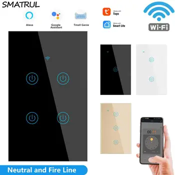 

SMATRUL Tuya Smart Touch Wall WiFi Switch Light App Neutral Wire Required US 1/2/3/4 Gang Glass Google Home Alexa Echo 110V 220V