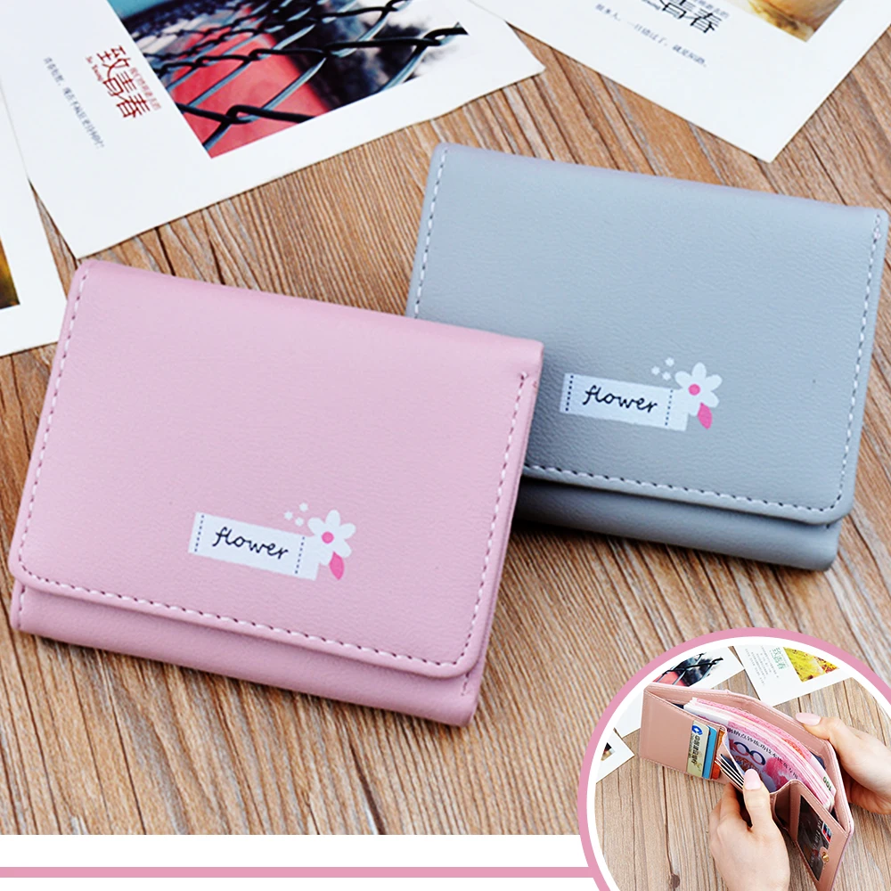 

Simple Flower Print Grils Mini Hasp Purse Tri-Fold RFID 5Card Slot Snap Wallet ID Photo Slot PU Leather Women Clutch Neat Thead