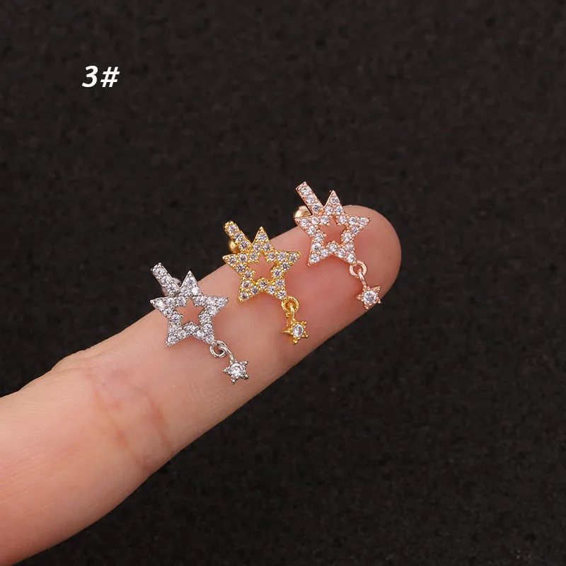 1Pc Newest Tree Star Zircon Pendant CZ dangle ear piercing jewelry steel barbell Daith earrings helix cartilage studs - Окраска металла: 3