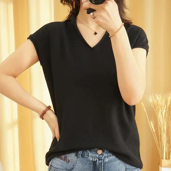 

Tshirt Cotton Woman Vneck Short Sleeves Pullover Summer High Quality Tops Female Fashion Stylish Tees Casual Solid V-neck YRS510