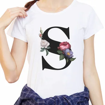 

tshirts Women Vogue 26 alphabet letter women T-shirt Harajuku A To Z Alphabet combination flowers Short Sleeve Female T-Shirt