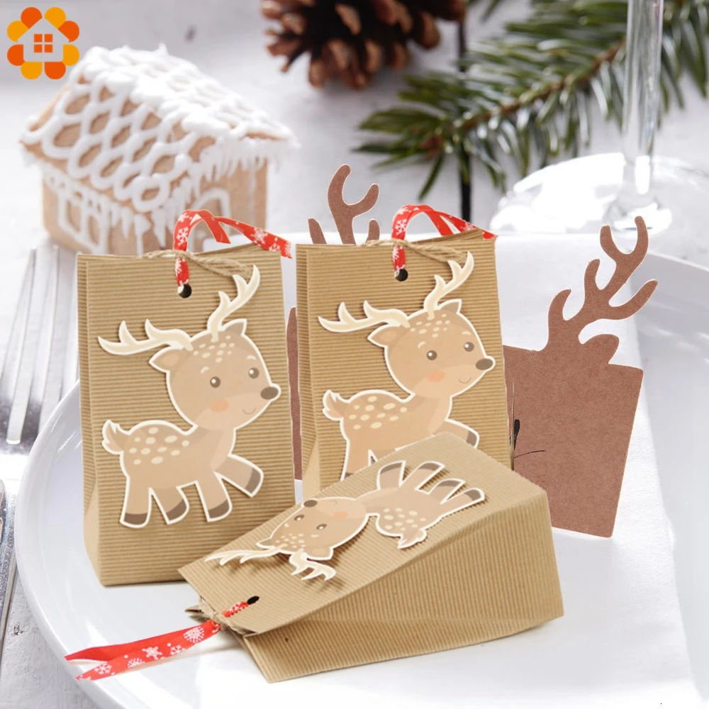 3PCS/Set Deer Snowflakes Candy Gift Bags Merry Christmas Guests Packaging Boxes Christmas Party Gift Packaging Wedding Party Bag