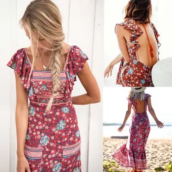 

GypsyLady Summer Dress Rayon Wine Red Floral Print Backless Boho Dress Gypsy Ruffle Sleeve Maxi beach Women Dress Vestidos