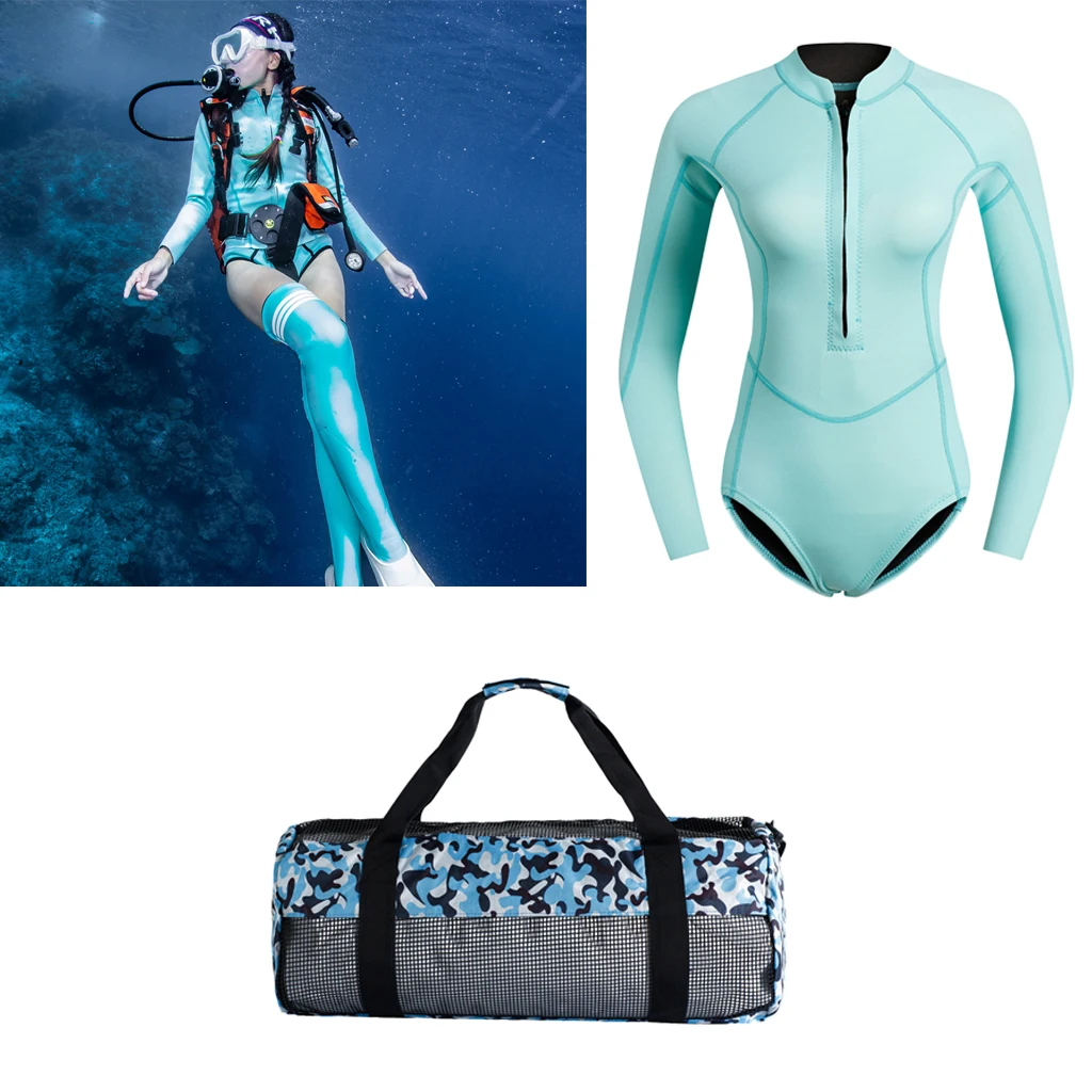 Shorty Wetsuit 2MM Neoprene Front Zip Winter Swimwear Diving Suit Blue for Women with One Dive Equipment Bag