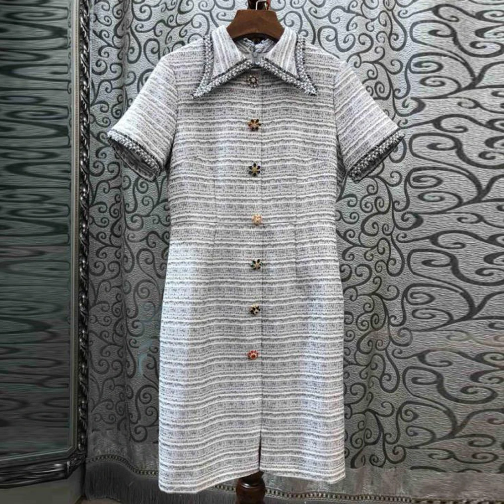 

Red RoosaRosee Designer European Women Colorful Diamond Buttons Short Sleeve Turn-down Collar Tweed Dress Elegant Party Vestidos