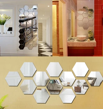 

12 pcs/lot 3D Mirror Wall Sticker Hexagon DIY Home Decor Mirror Decor Stickers Art Wall Decoration Stickers Golden Silver