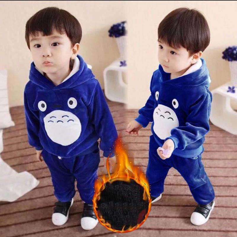 2 pcs blue Комплект одежды для маленьких мальчиков и девочек; зимняя флисовая Детская толстовка с капюшоном; Верхняя одежда с героями мультфильмов; теплый спортивный костюм для малышей; одежда из хлопка - Цвет: 2 pcs blue
