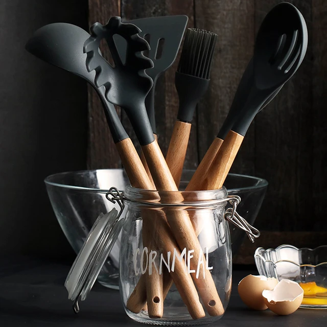 Silicone Kitchenware Cooking Utensils Set Non-stick Cookware Accessories  Spatula Wooden Handle Black Cute kitchen Gadget Sets - AliExpress