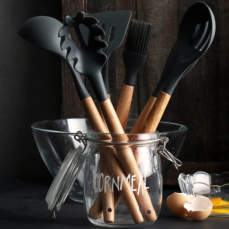 Silicone Kitchenware Cooking Utensils Set Non-stick Cookware Accessories  Spatula Wooden Handle Black Cute Kitchen Gadget Sets - Cooking Tool Sets -  AliExpress