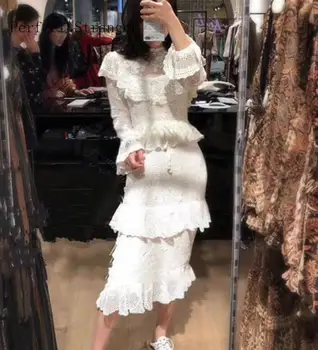 

High Quality 2020 Spring New Arrival Fashion Stand Collar Embroidery Cake Style Women Lace Long Dress