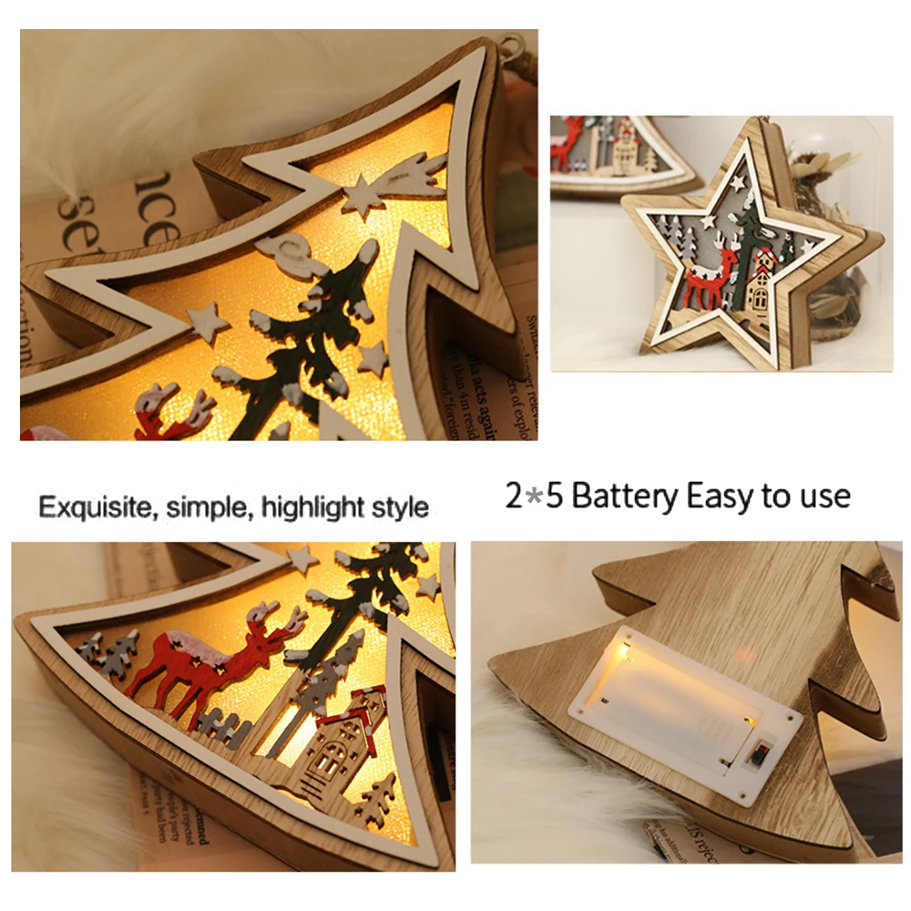 Светодиодный ночник с деревянными карточками, Рождественская елка, украшение в виде звезды, ночник, подвесное украшение, снежинки, украшения для детей, подарок