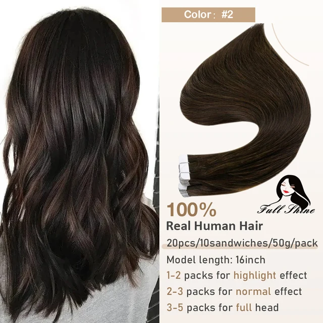 Full Shine Tape In Human Hair Extensions Blonde 100% Real Remy Human Hair Skin Weft Adhesive Glue On For Salon High Quality 2Darkest Brown