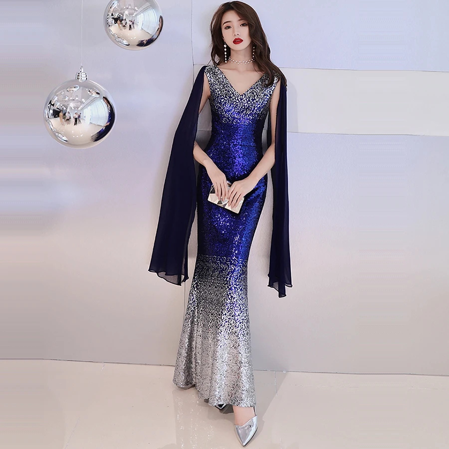 

Evening Dress Sexy Double V-neck Robe De Soiree Bling Sequin Evening Dresses for Women Sleeveless Long Formal Gown 2019 E374