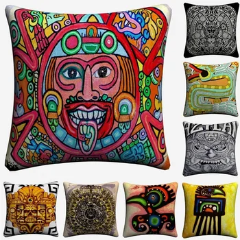 

Aztec Indian Native Mexico Tattoo Decorative Linen Cushion Cover For Sofa Chair 45x45cm Throw Pillow Case Home Decor Almofada
